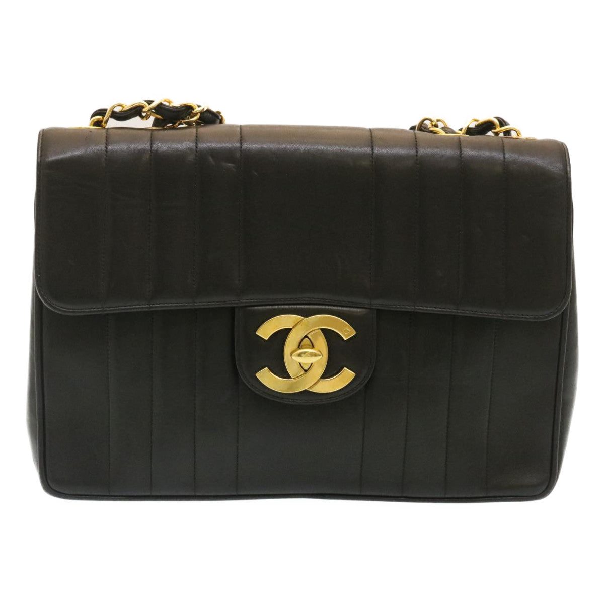 CHANEL Mademoiselle Big COCO Mark Chain ShoulderBag Lamb Skin Black yk4080A