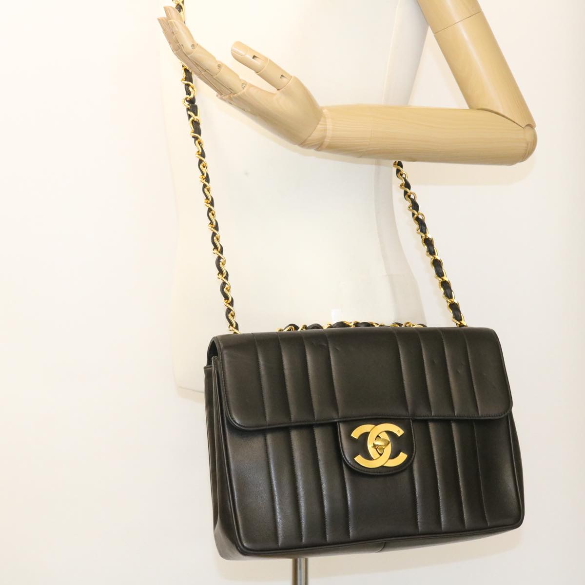 CHANEL Mademoiselle Big COCO Mark Chain ShoulderBag Lamb Skin Black yk4080A