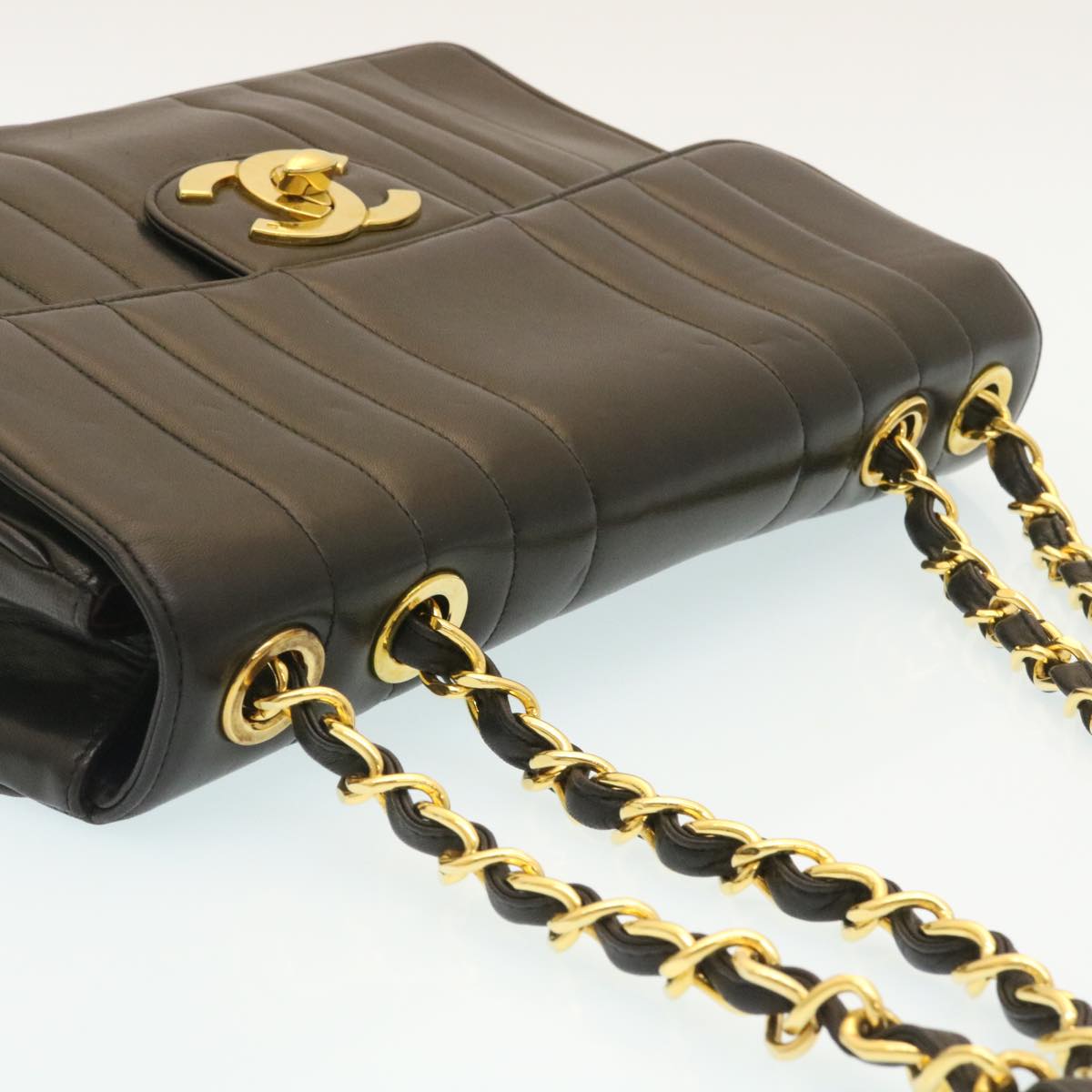 CHANEL Mademoiselle Big COCO Mark Chain ShoulderBag Lamb Skin Black yk4080A