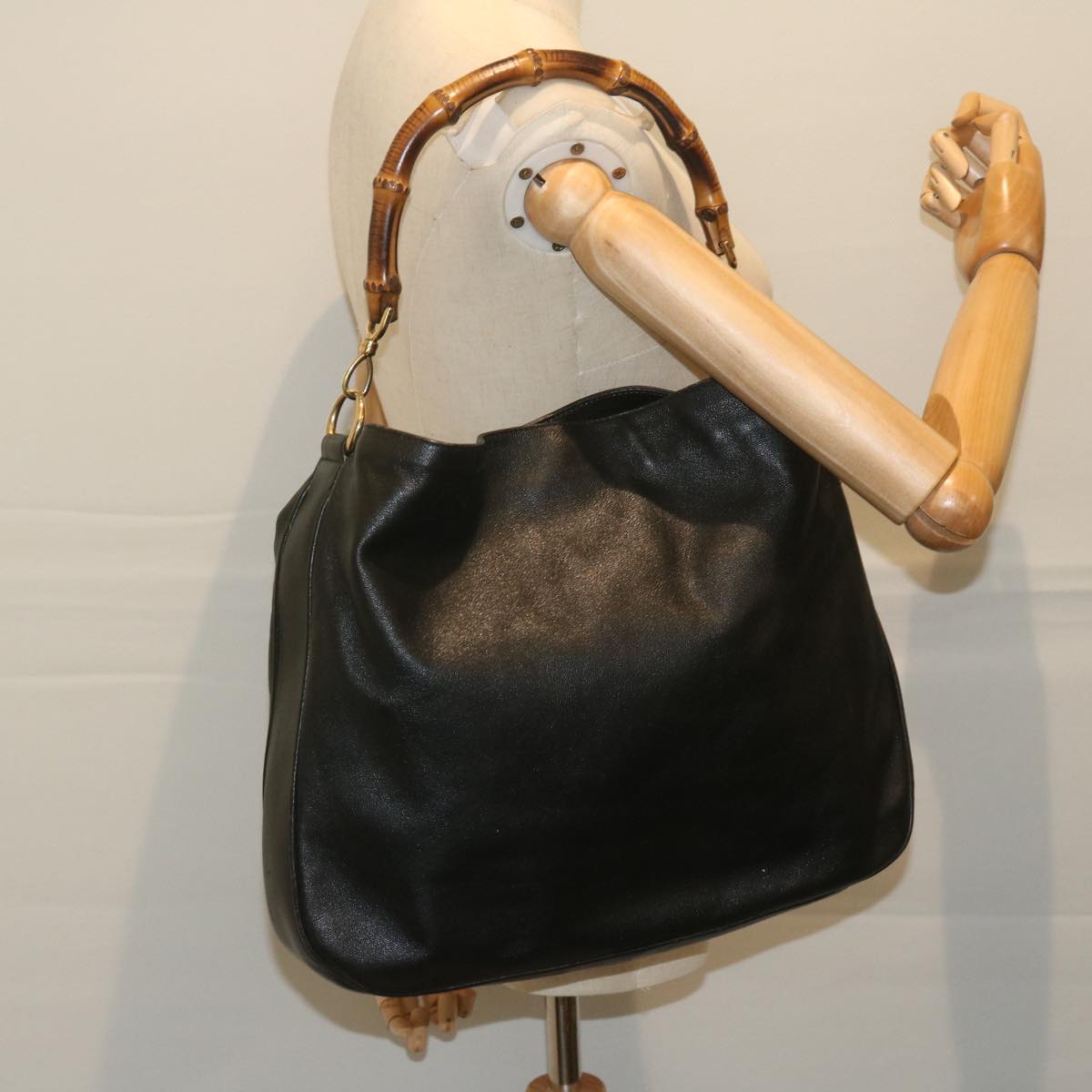 GUCCI Bamboo Shoulder Bag Leather Black 001 1577 9607