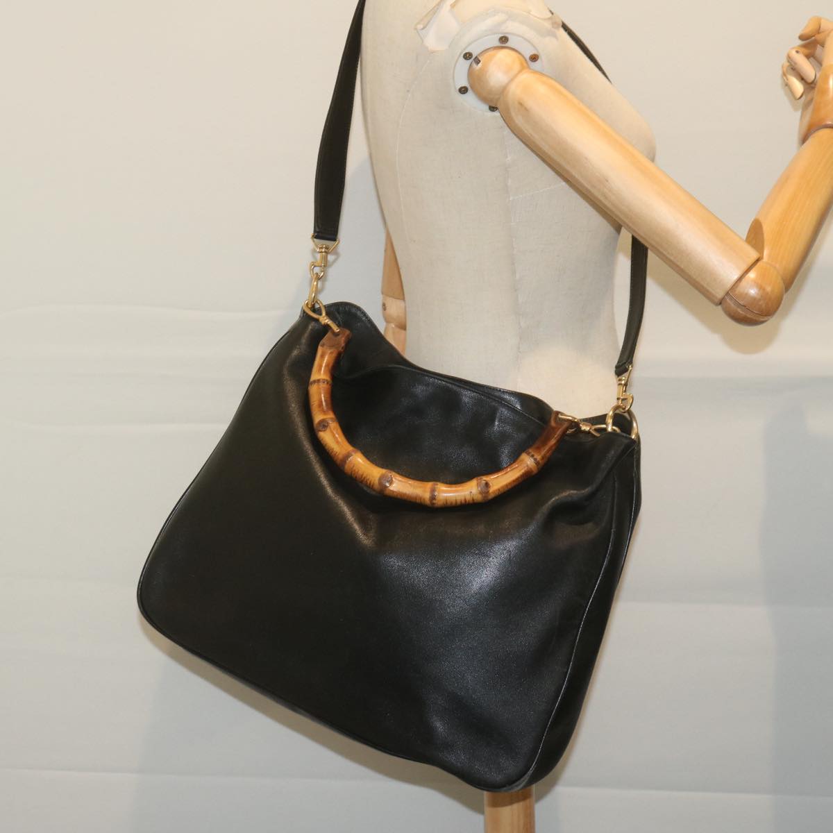 GUCCI Bamboo Shoulder Bag Leather Black 001 1577 9617