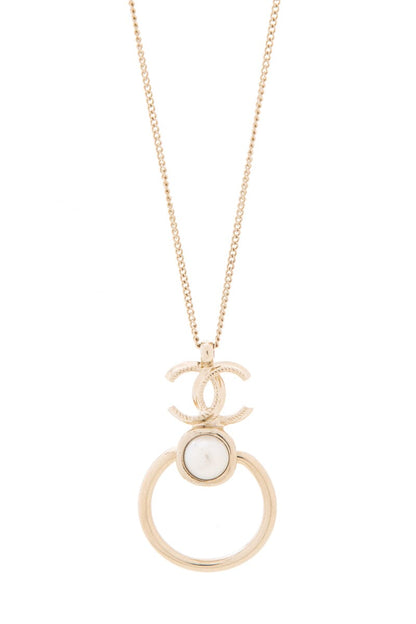 Chanel 2022 Cruise Metal Pearl CC Hoop Drop Pendant Silver Necklace