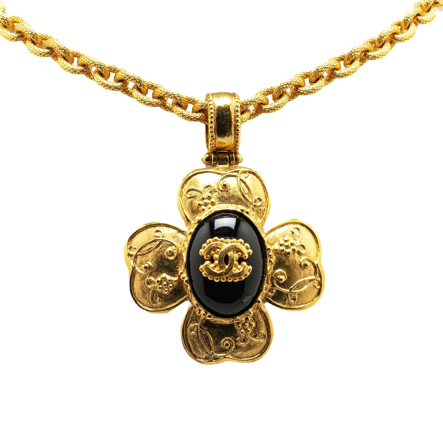 Gold Chanel Gold Plated CC Resin Clover Pendant Necklace
