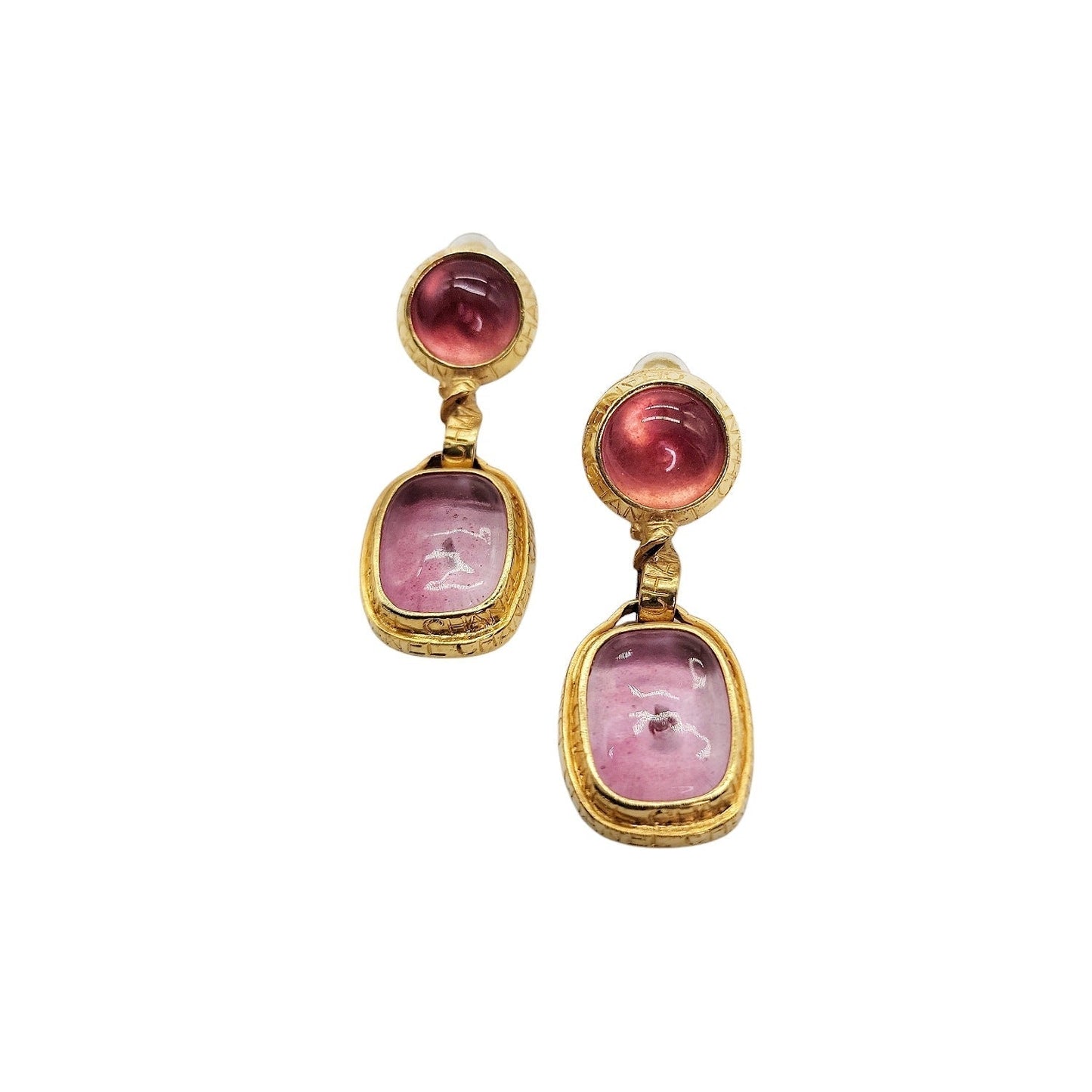 Chanel Vintage Gold-tone & Pink Gripoix 96 P Clip On Dangle Earrings