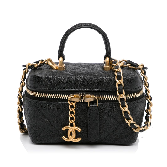 Black Chanel Micro Caviar Vanity Case with Chain Satchel