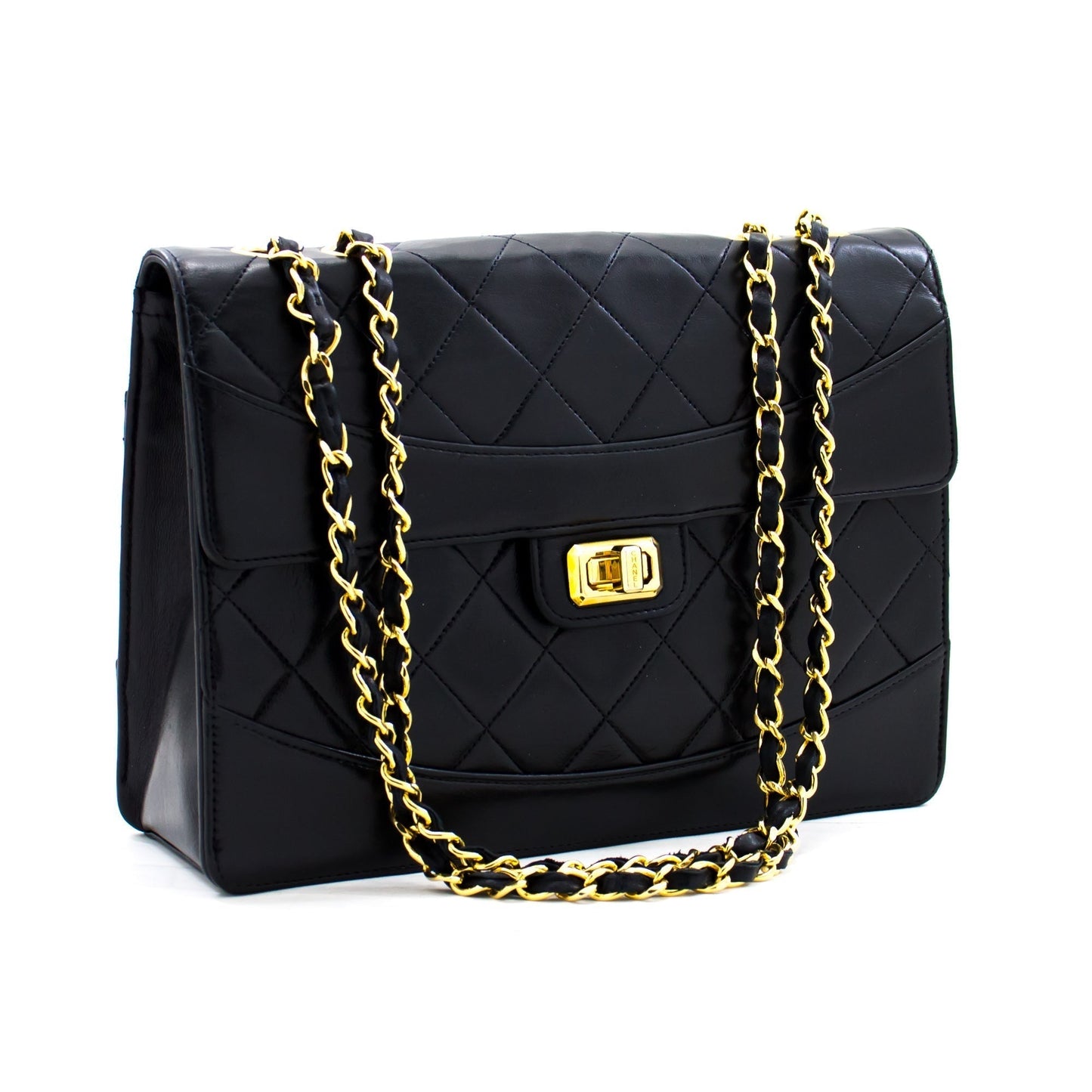 CHANEL Vintage Classic Chain Shoulder Bag Black Quilted Flap Lamb c20