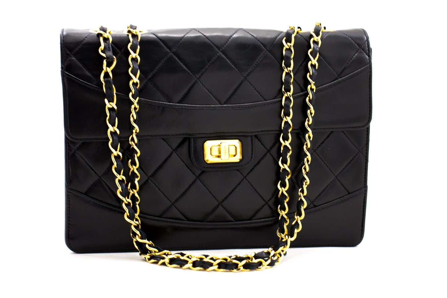 CHANEL Vintage Classic Chain Shoulder Bag Black Quilted Flap Lamb c20
