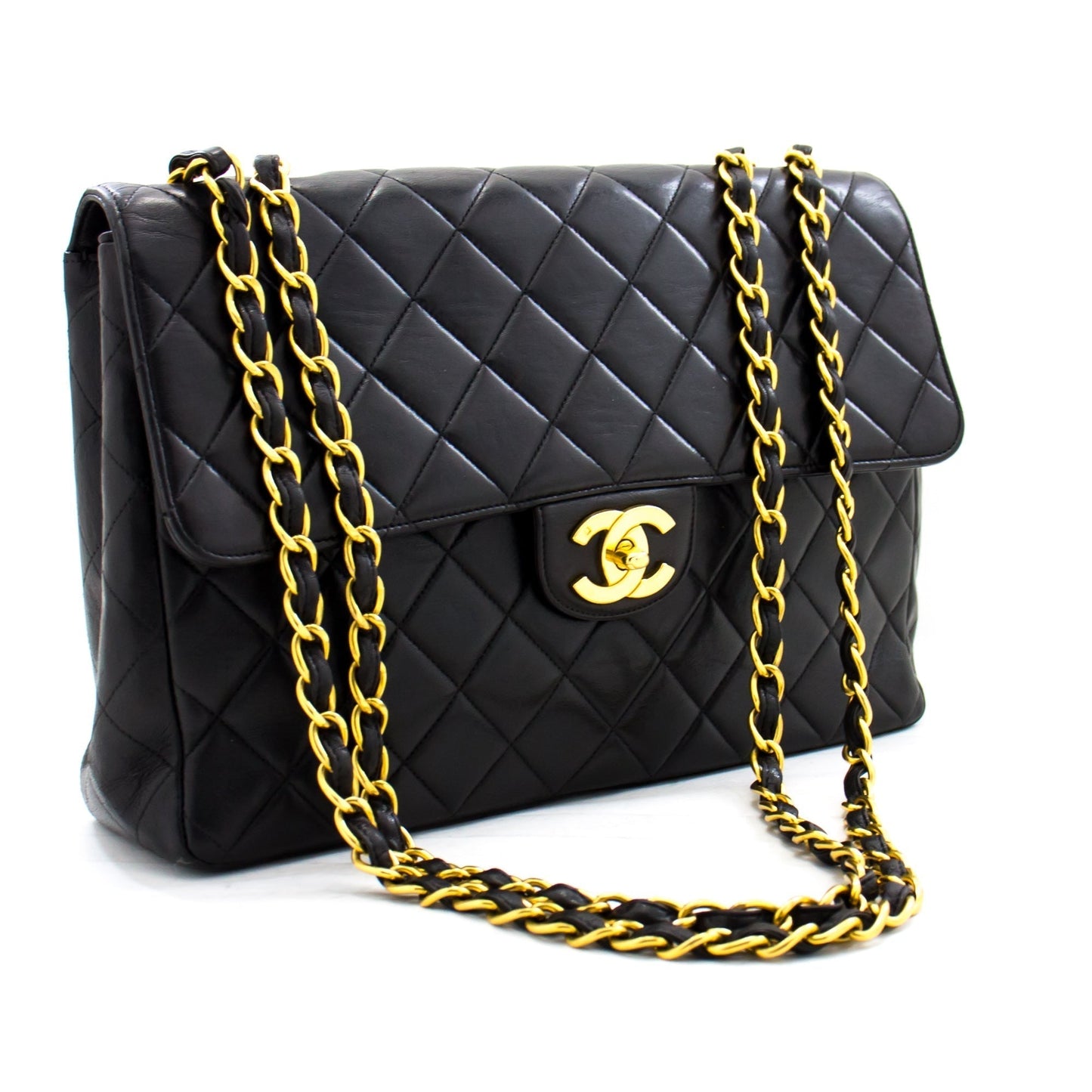 CHANEL Jumbo 11" Large Chain Shoulder Bag Flap Black Lambskin Gold f35