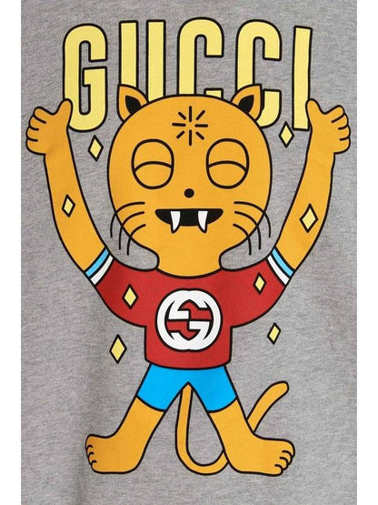 Gucci Cat Print Cotton Hoodie Grey