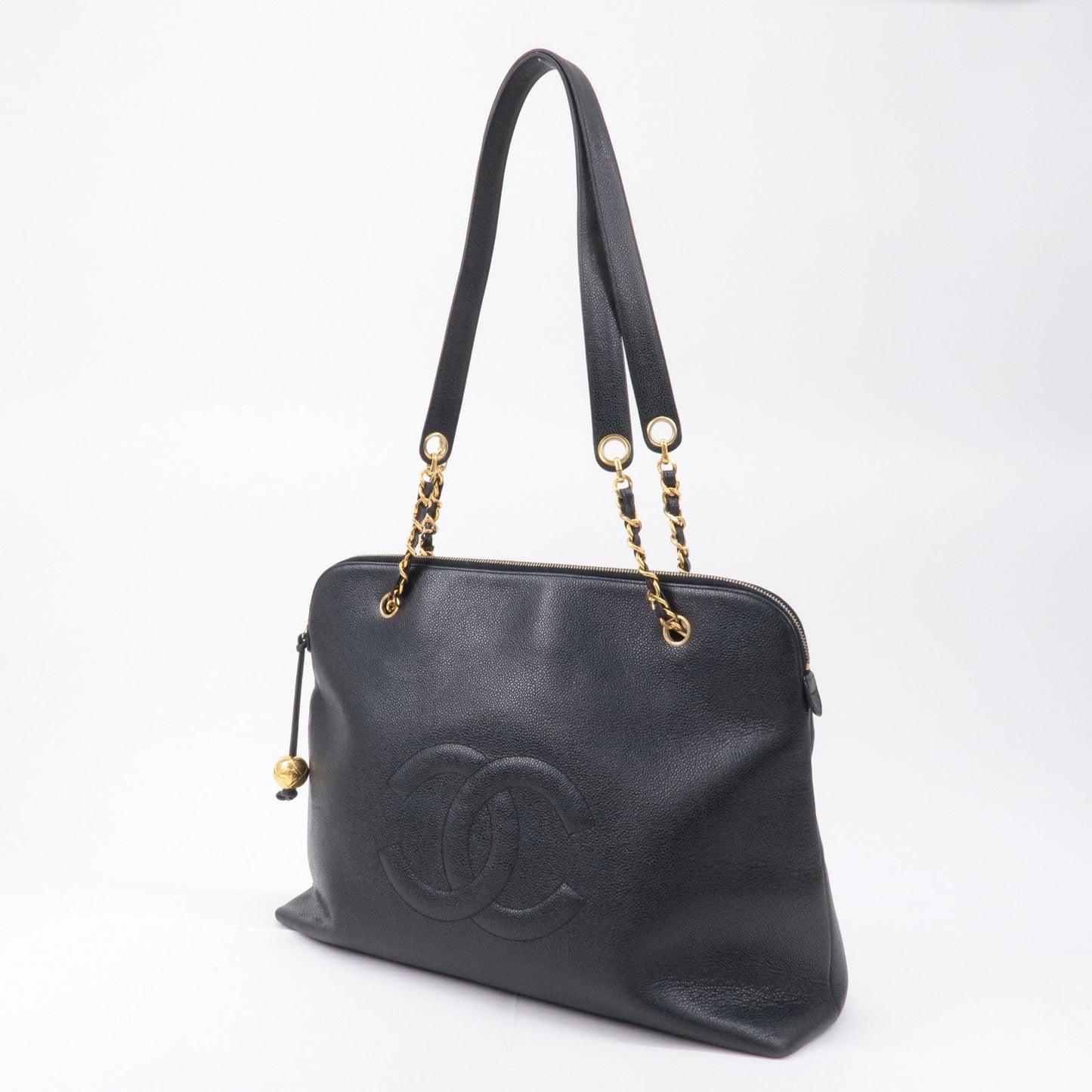CHANEL Caviar Skin Chain Tote Bag Black Gold Hardware A03578