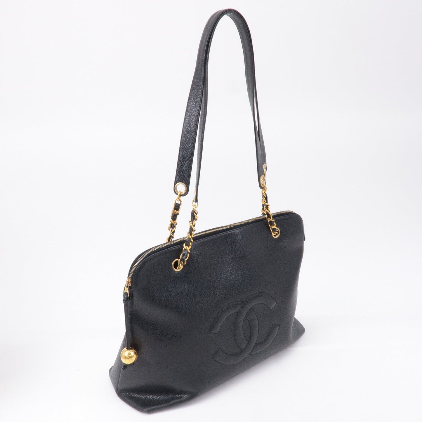 CHANEL Caviar Skin Chain Tote Bag Black Gold Hardware A03578