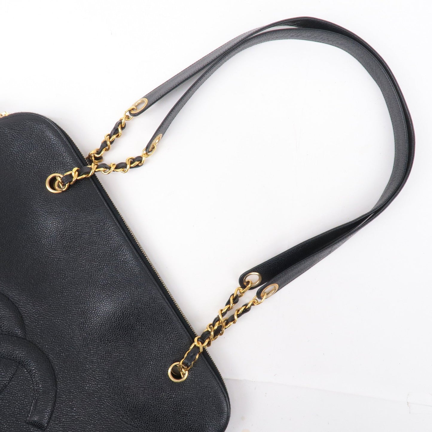 CHANEL Caviar Skin Chain Tote Bag Black Gold Hardware A03578