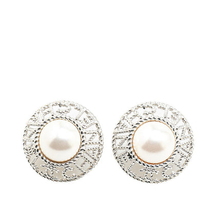Chanel Logo Pearl Earrings Silver Metal