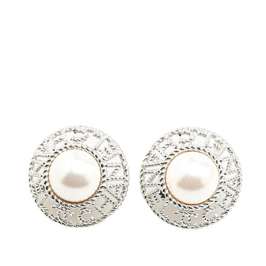 Chanel Logo Pearl Earrings Silver Metal