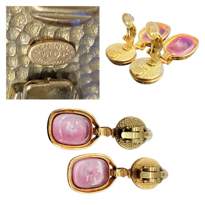 Chanel Vintage Gold-tone & Pink Gripoix 96 P Clip On Dangle Earrings