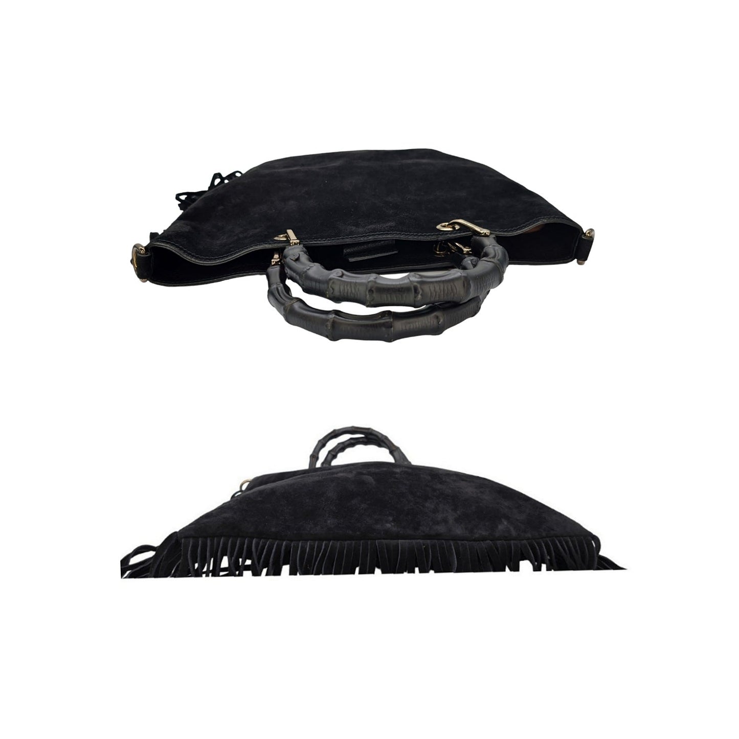 Gucci 2-way Bamboo Handle Black Suede Fringe Hobo Tote Bag