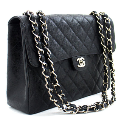 CHANEL Classic Large 11" Chain Shoulder Bag Black Grained Calfskin h58