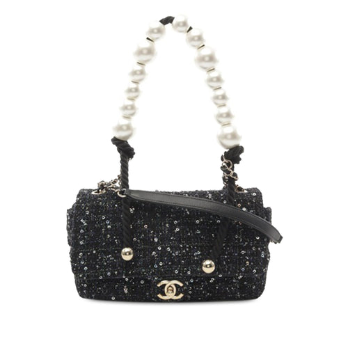 Black Chanel Medium Tweed Pearl Top Handle Flap Satchel