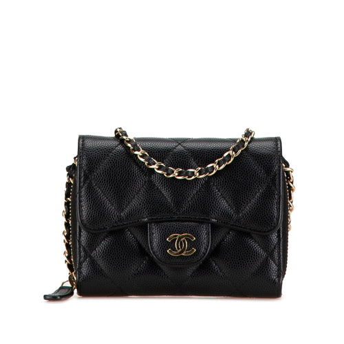 Black Chanel Classic Caviar Coin Pouch with Chain Crossbody Bag