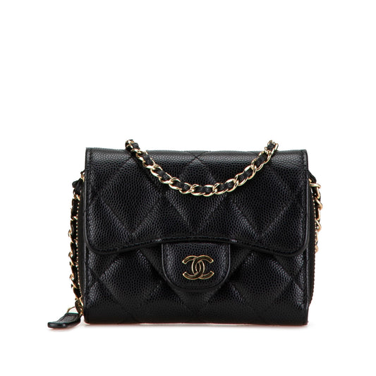 Black Chanel Classic Caviar Coin Pouch with Chain Crossbody Bag