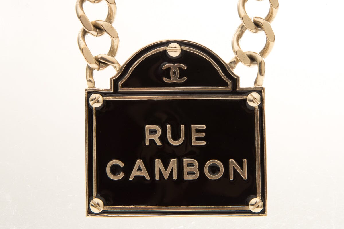 Chanel 2015 Black and Gold Name Plate Rue Cambon Necklace