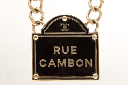 Chanel 2015 Black and Gold Name Plate Rue Cambon Necklace