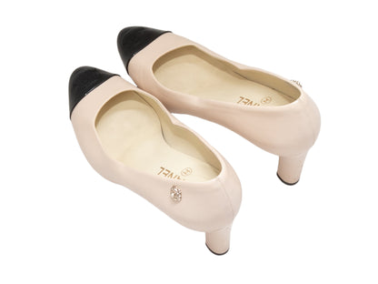 Beige & Black Chanel Cap-Toe Pumps Size 37.5