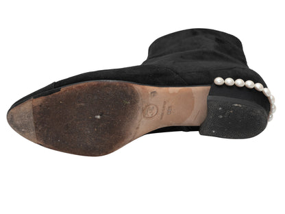 Black Chanel Cap-Toe Faux Pearl-Accented Ankle Boots Size 38.5