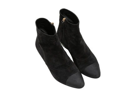 Black Chanel Cap-Toe Faux Pearl-Accented Ankle Boots Size 38.5