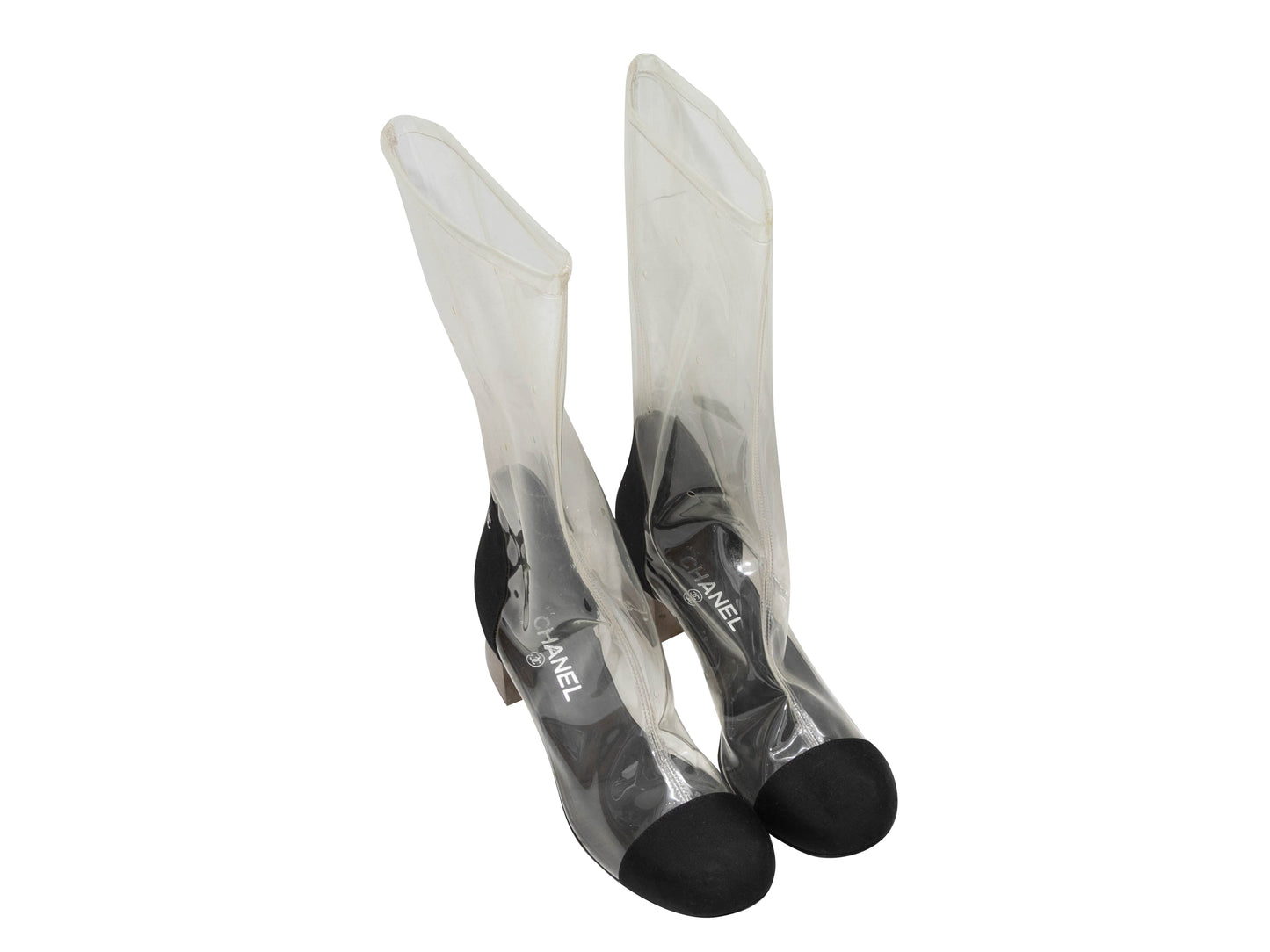 Clear & Black Chanel PVC & Grosgrain Cap-Toe Boots Size 39
