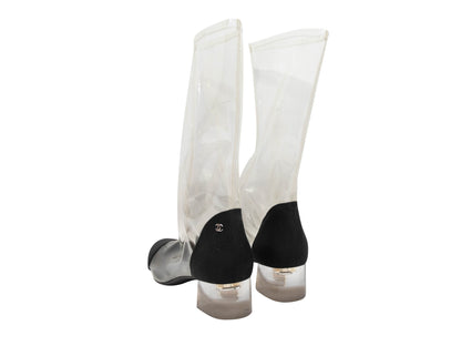 Clear & Black Chanel PVC & Grosgrain Cap-Toe Boots Size 39