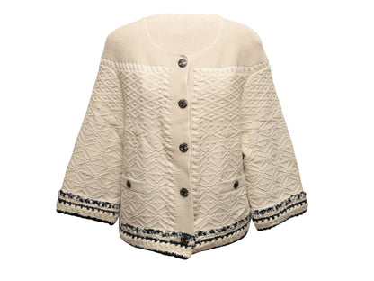 Cream & Navy Chanel Textured Cashmere Cardigan Size FR 46