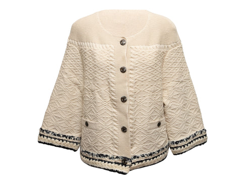 Cream & Navy Chanel Textured Cashmere Cardigan Size FR 46