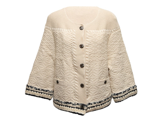Cream & Navy Chanel Textured Cashmere Cardigan Size FR 46