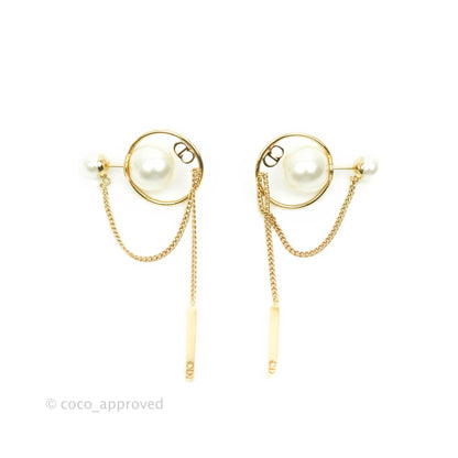 Christian Dior CD Pearl Long Drop Earrings Gold Tone