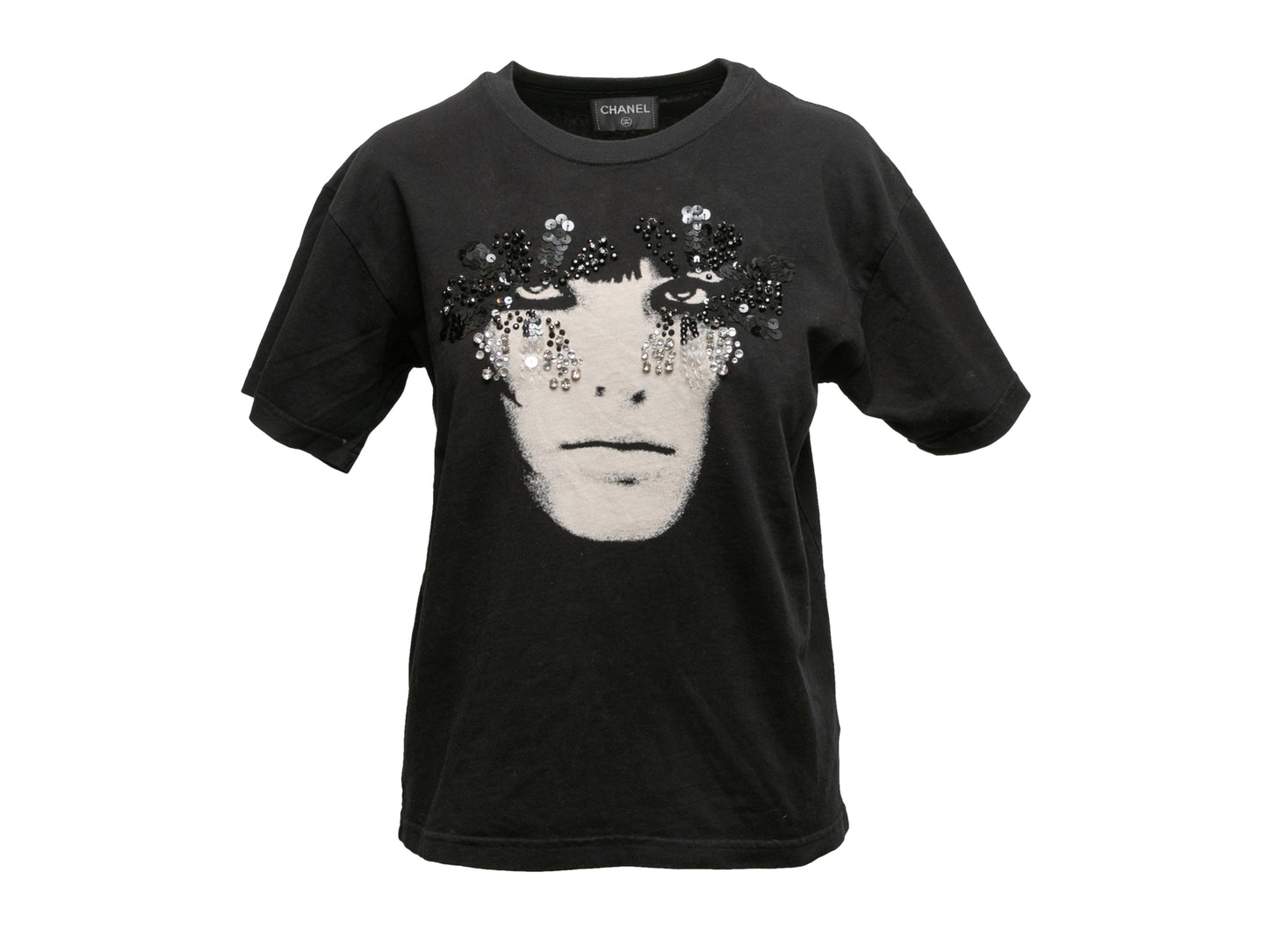 Black & White Chanel Embellished Face Print T-Shirt Size US M