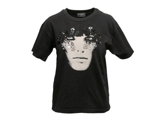 Black & White Chanel Embellished Face Print T-Shirt Size US M