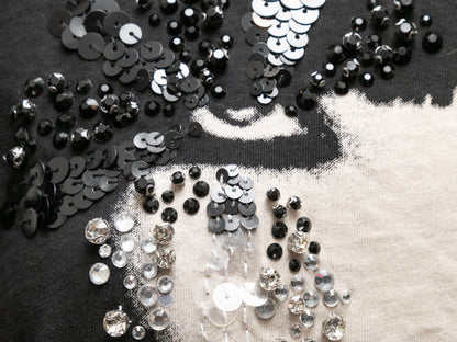 Black & White Chanel Embellished Face Print T-Shirt Size US M