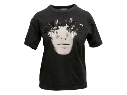 Black & White Chanel Embellished Face Print T-Shirt Size US M
