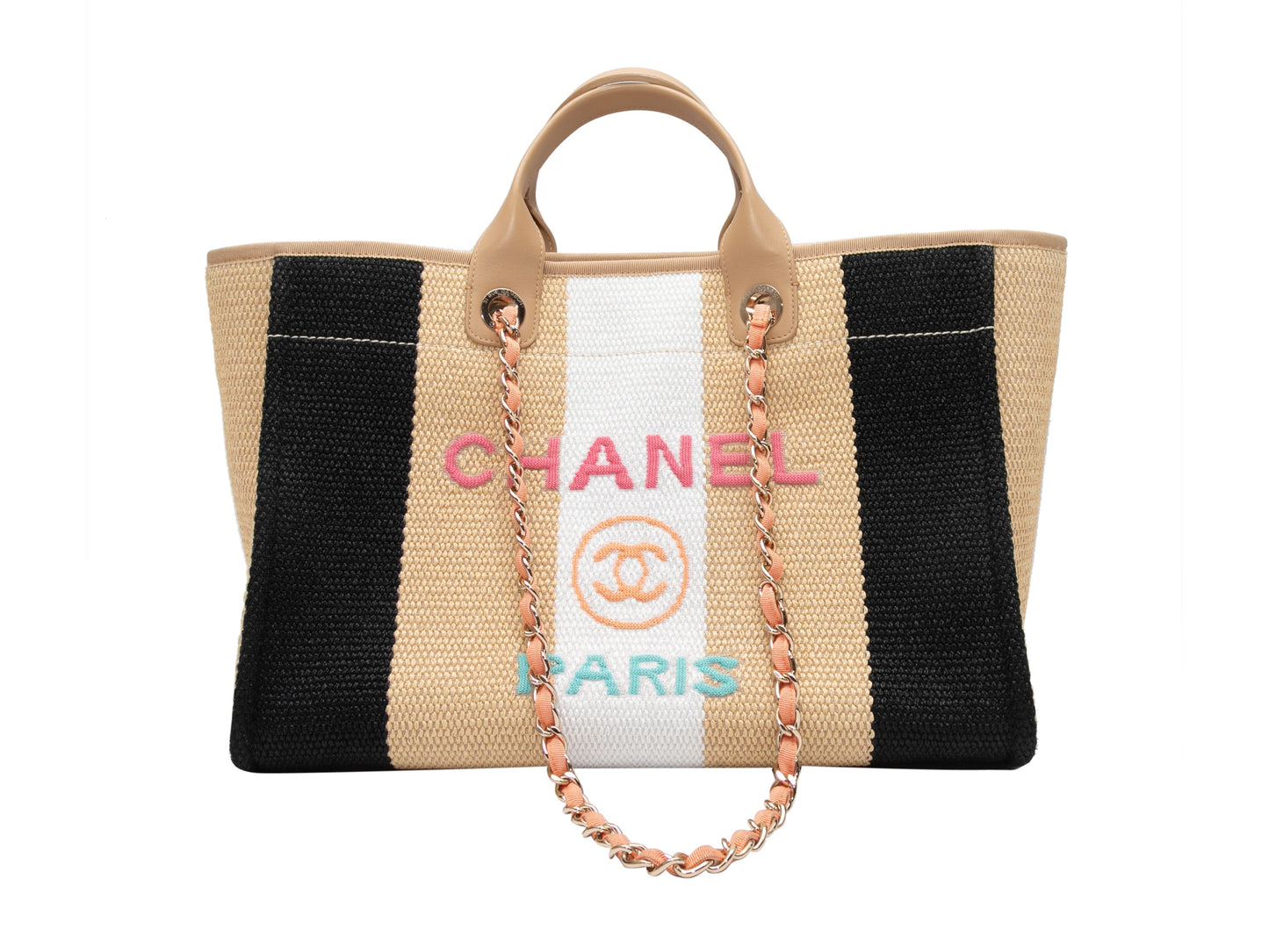Beige & Multicolor Chanel Striped Logo Tote Bag