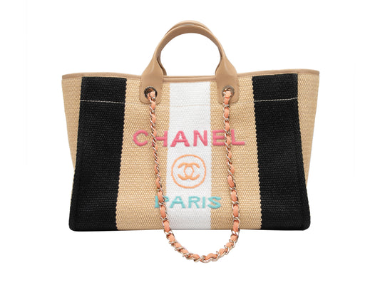 Beige & Multicolor Chanel Striped Logo Tote Bag