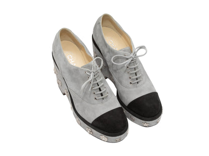 Grey & Black Chanel Suede Embellished Platform Oxfords Size 37.5