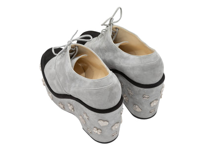 Grey & Black Chanel Suede Embellished Platform Oxfords Size 37.5