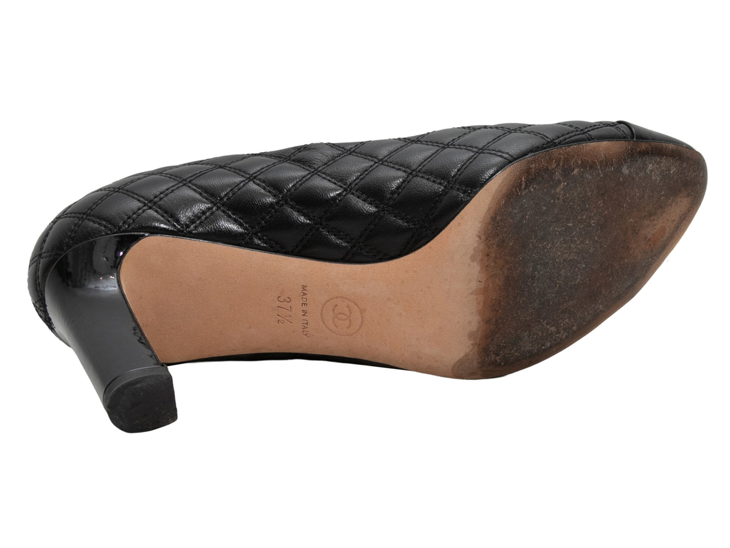 Black Chanel Quilted Pointed Cap-Toe Pumps Size 37.5