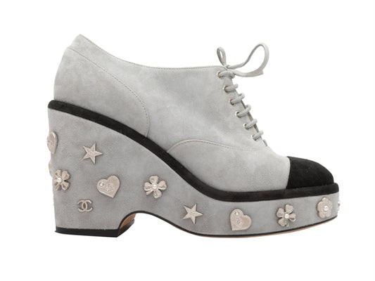 Grey & Black Chanel Suede Embellished Platform Oxfords Size 37.5