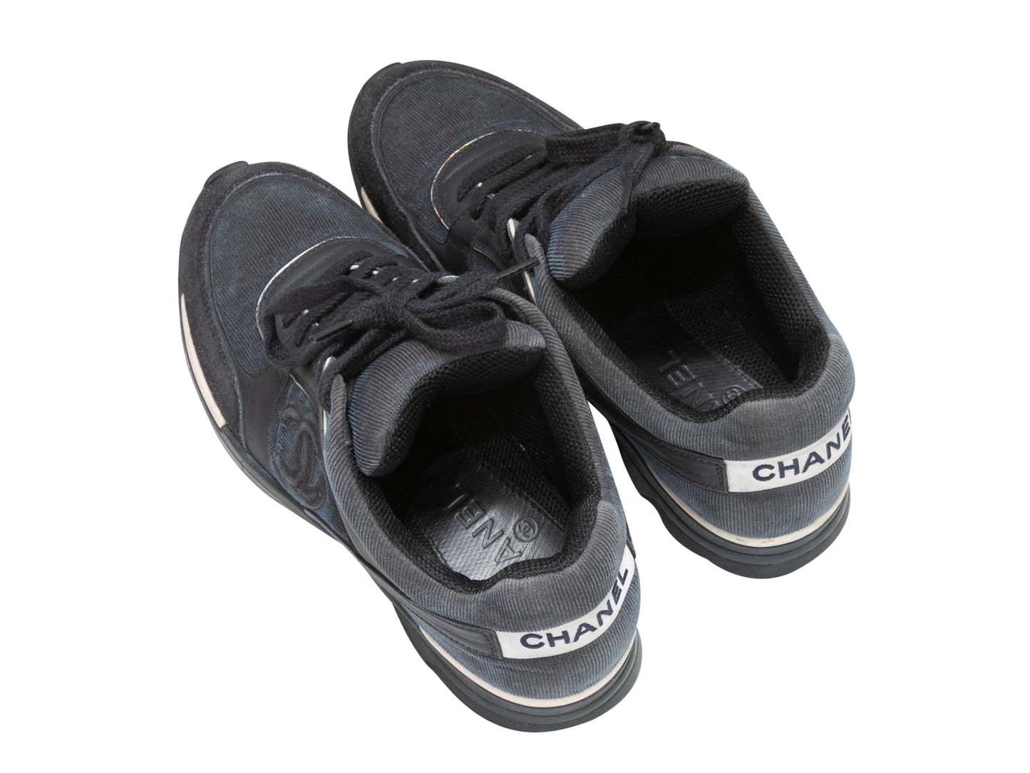 Charcoal & Navy Chanel CC Corduroy Low-Top Sneakers Size 37