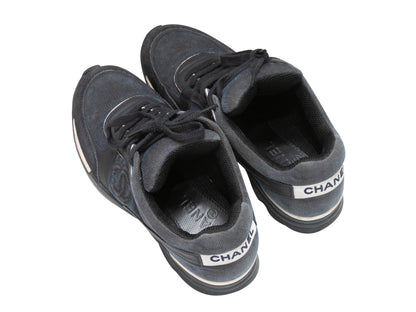 Charcoal & Navy Chanel CC Corduroy Low-Top Sneakers Size 37