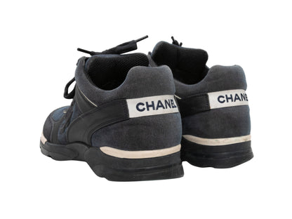 Charcoal & Navy Chanel CC Corduroy Low-Top Sneakers Size 37
