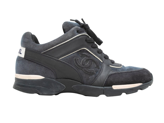 Charcoal & Navy Chanel CC Corduroy Low-Top Sneakers Size 37
