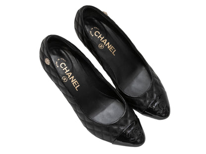 Black Chanel Quilted Pointed Cap-Toe Pumps Size 37.5
